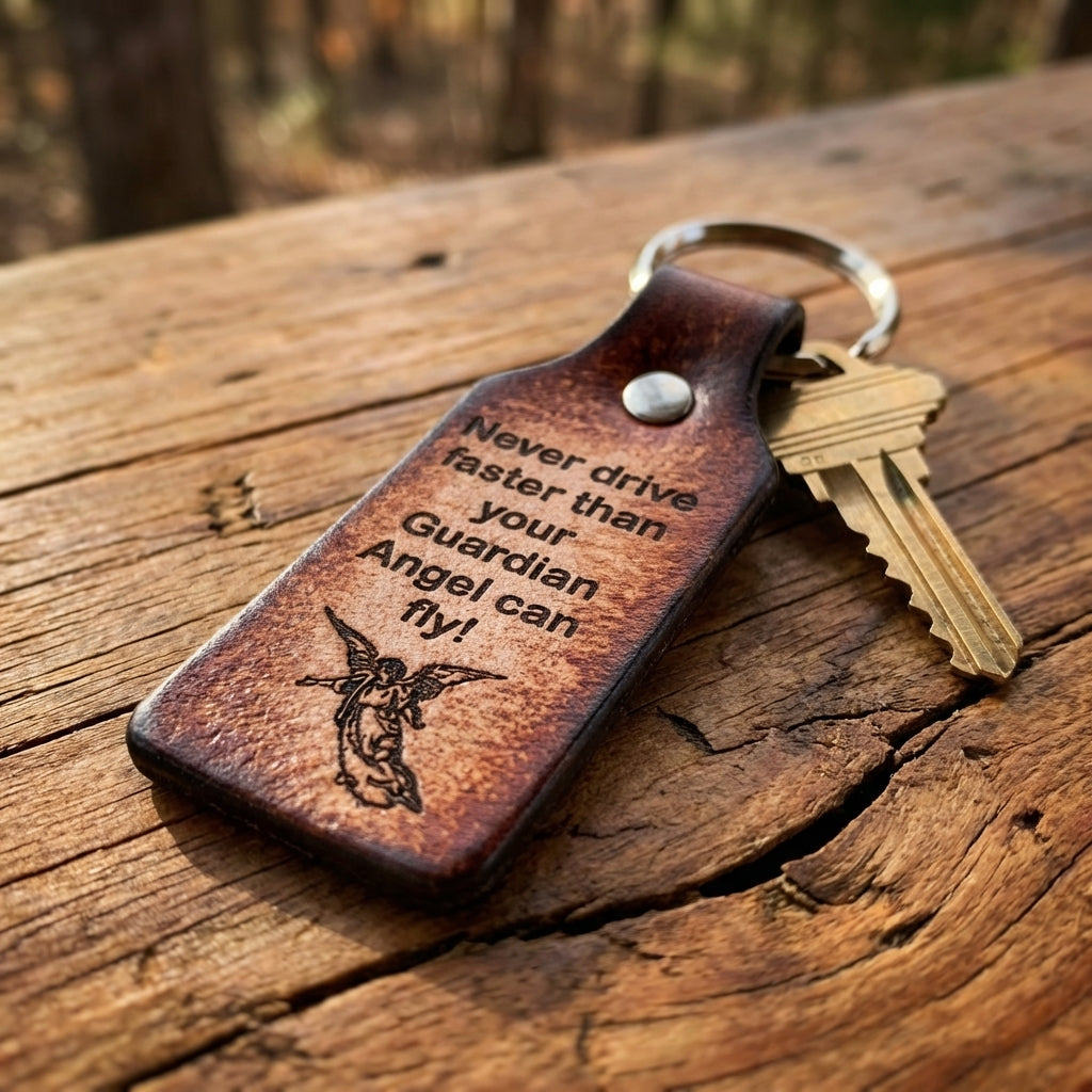 Leather Keychain - Tooled 'Guardian Angel' Design - Personalized Gift