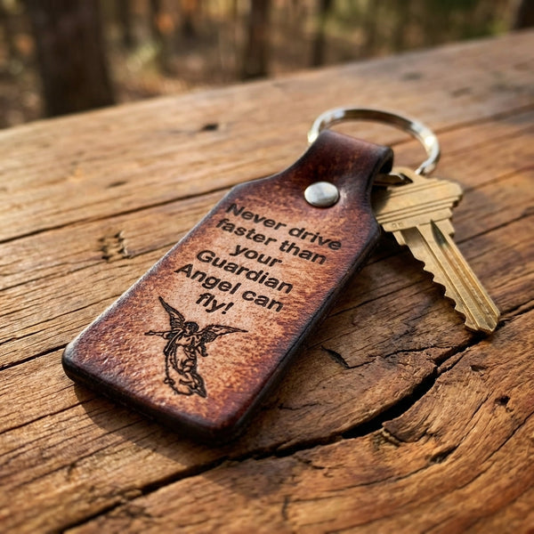 Leather Keychain - Tooled 'Guardian Angel' Design - Personalized Gift