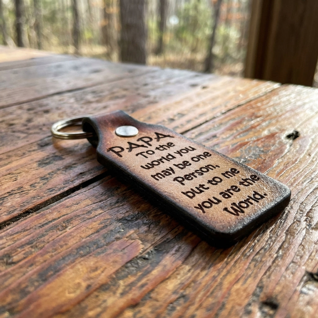 Personalized Leather Keychain Gift for Papa - 'You are the World to Me' - Free Gift Box