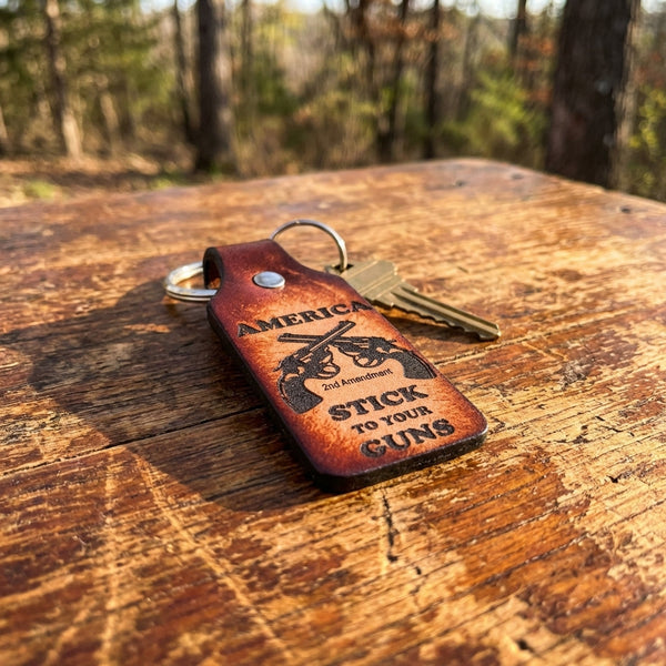 2nd Amendment Leather Keychain - American Made Crossed Pistols Design