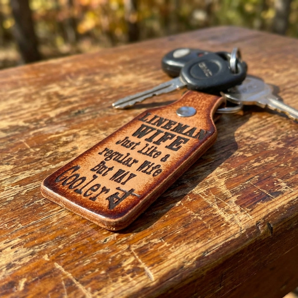 Lineman Wife Leather Keychain - Engraved Gift for Line Wife - Gift Boxed