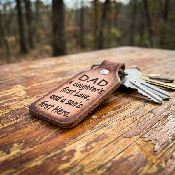 Personalized Leather Dad Keychain - 'A Daughter's First Love, Son's First Hero' - Made in USA