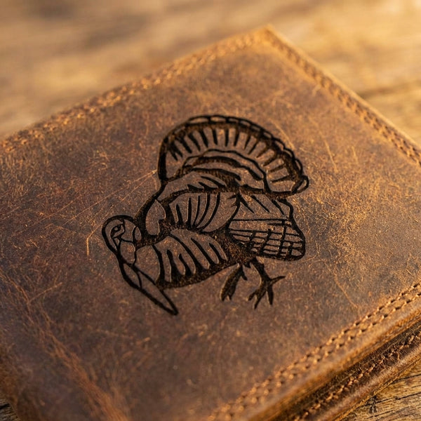 Leather Wallet with Turkey Design - Rustic Brown