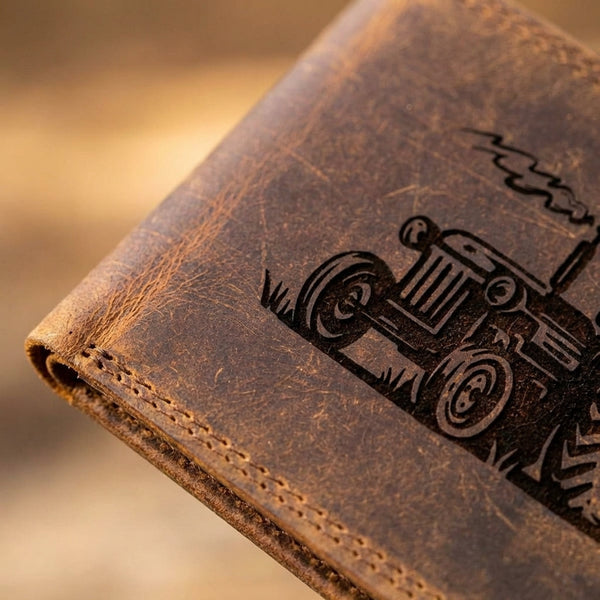 Handcrafted Leather Wallet with Farmer Driving a Tractor Design