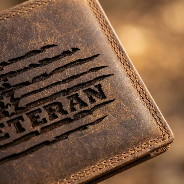 Veteran Leather Wallet - American Flag Engraved