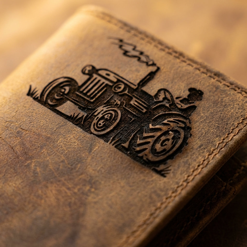 Brown leather long wallet with an embossed vintage tractor design.