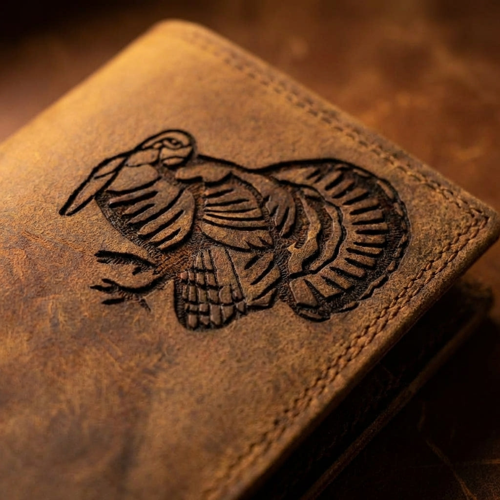 Brown distressed leather roper wallet featuring a detailed embossed wild turkey design.