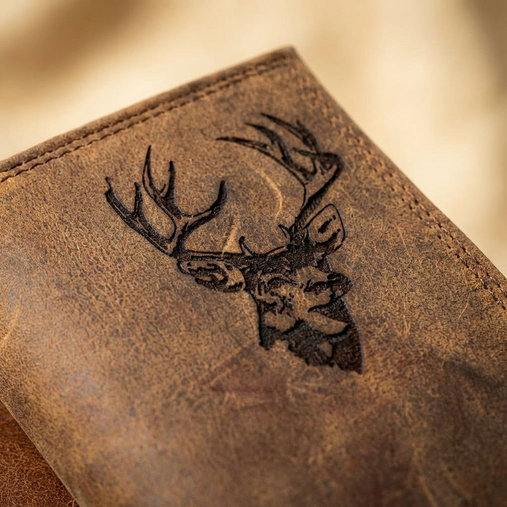 Close-up of a distressed brown leather rodeo wallet with an engraved deer stag buck head.