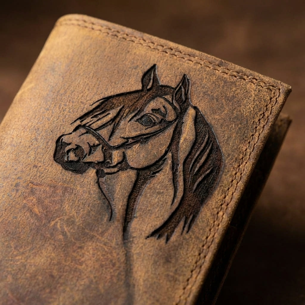 Distressed brown leather Miller's Leather Roper Wallet featuring a detailed embossed horse head design.