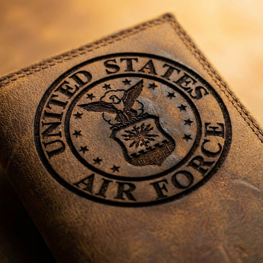 Embossed United States Air Force seal on a brown leather long roper wallet.