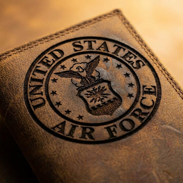 Embossed United States Air Force seal on a brown leather long roper wallet.
