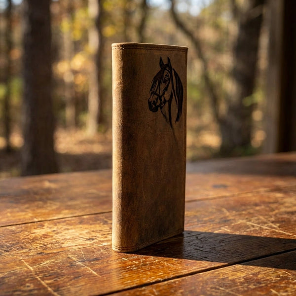 Miller's Leather Roper Wallet in distressed brown leather featuring a black horse head design.