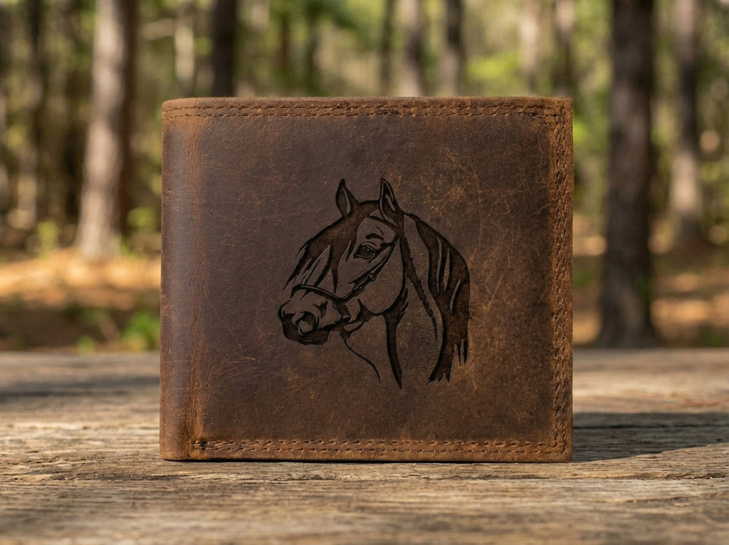 Leather Horse Head  Wallet for Men, Engraved Bifold Wallet