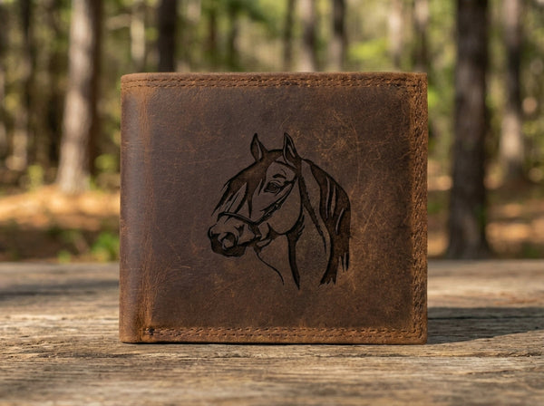 Leather Horse Head  Wallet for Men, Engraved Bifold Wallet