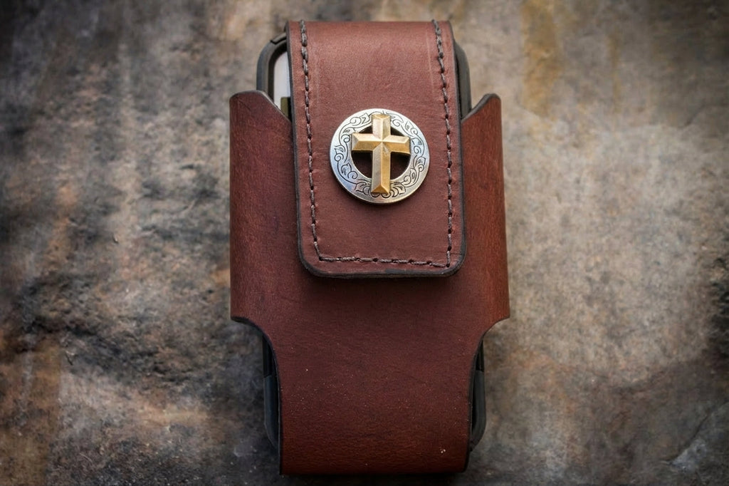 Custom Leather Cell Phone Case with Christian Cross - Miller's Leather