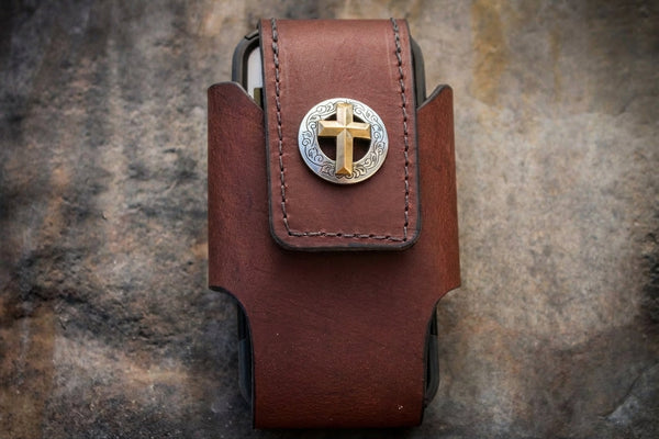 Custom Leather Cell Phone Case with Christian Cross - Miller's Leather