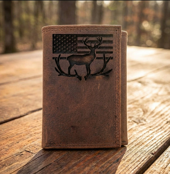 Men's Distressed Leather Trifold Wallet with American Flag & Deer Design