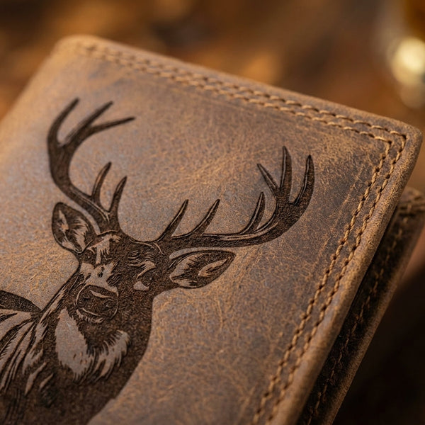 Personalized Distressed Leather Trifold Wallet - Engraved Fish