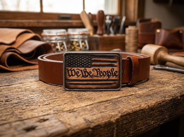 We the People Flag Design Handcrafted Leather Inlay Belt Buckle