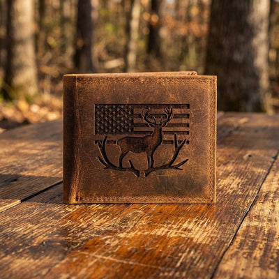 Leather Deer with Flag and Antlers Bifold Wallet