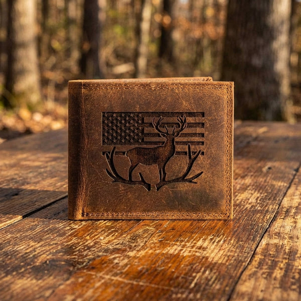 Leather Deer with Flag and Antlers Bifold Wallet (AI Generated)