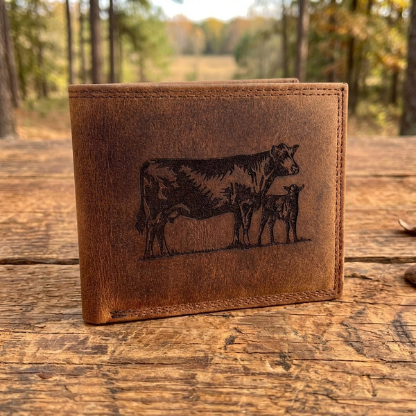 Leather Cow Wallet - Rustic Brown Bifold Wallet