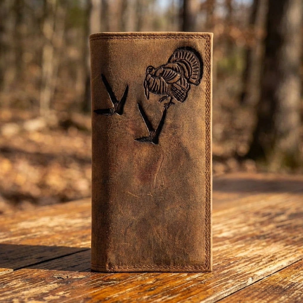 Leather Roper Checkbook Wallet - Turkey Tracks Distressed Leather | Miller's (AI Generated)