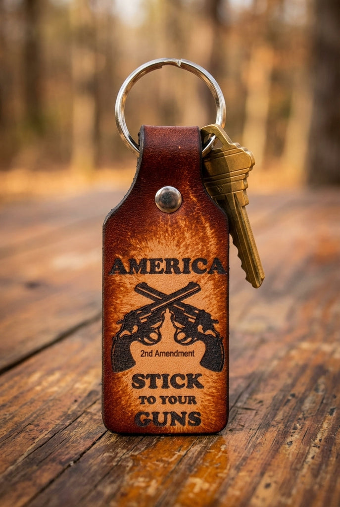 2nd Amendment Leather Keychain - American Made Crossed Pistols Design (AI Generated)