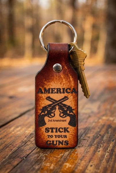 2nd Amendment Leather Keychain - American Made Crossed Pistols Design (AI Generated)