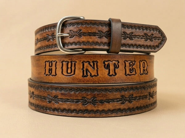 Barb Wire Hand-Tooled Full-Grain Leather Belt | Miller's Leather Shop