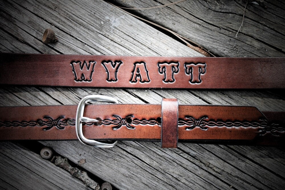 Kids' Personalized Leather Cowboy Belt - Barbwire Pattern with Free Name Engraving