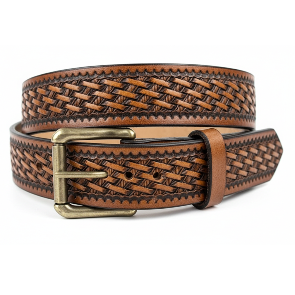 Handcrafted Leather Belt  with Detailed Smaller Basket Weave Design (Solid Leather, No Stitching)