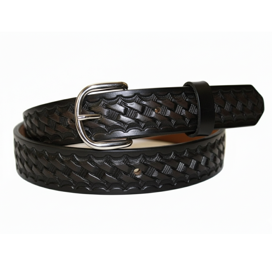 Handcrafted Leather Belt  with Classic Tooled Basket Weave Design (Solid Leather, No Stitching)