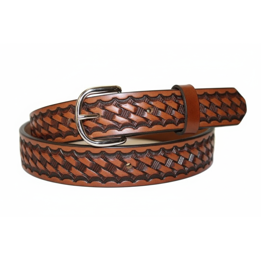 Handcrafted Leather Belt  with Classic Tooled Basket Weave Design (Solid Leather, No Stitching)