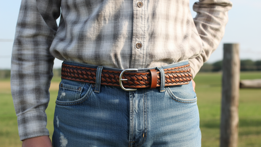 Handcrafted Leather Belt  with Classic Tooled Basket Weave Design (Solid Leather, No Stitching)