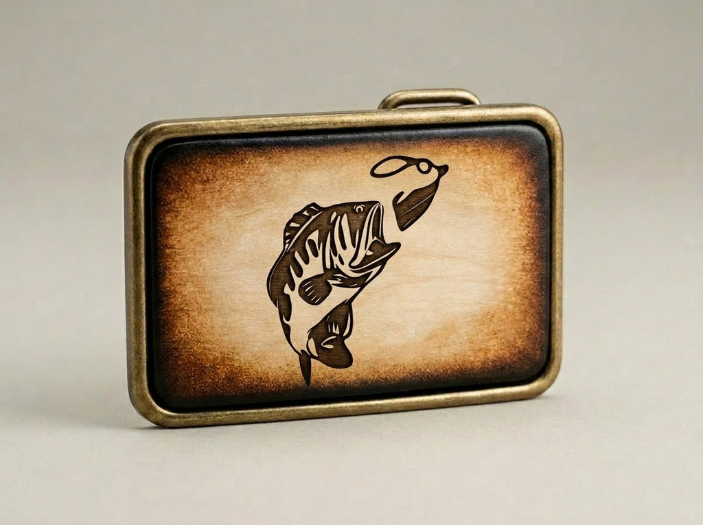 Handmade Leather Bass Fishing Belt Buckle with EngravedFish Design