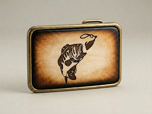 Handmade Leather Bass Fishing Belt Buckle with EngravedFish Design