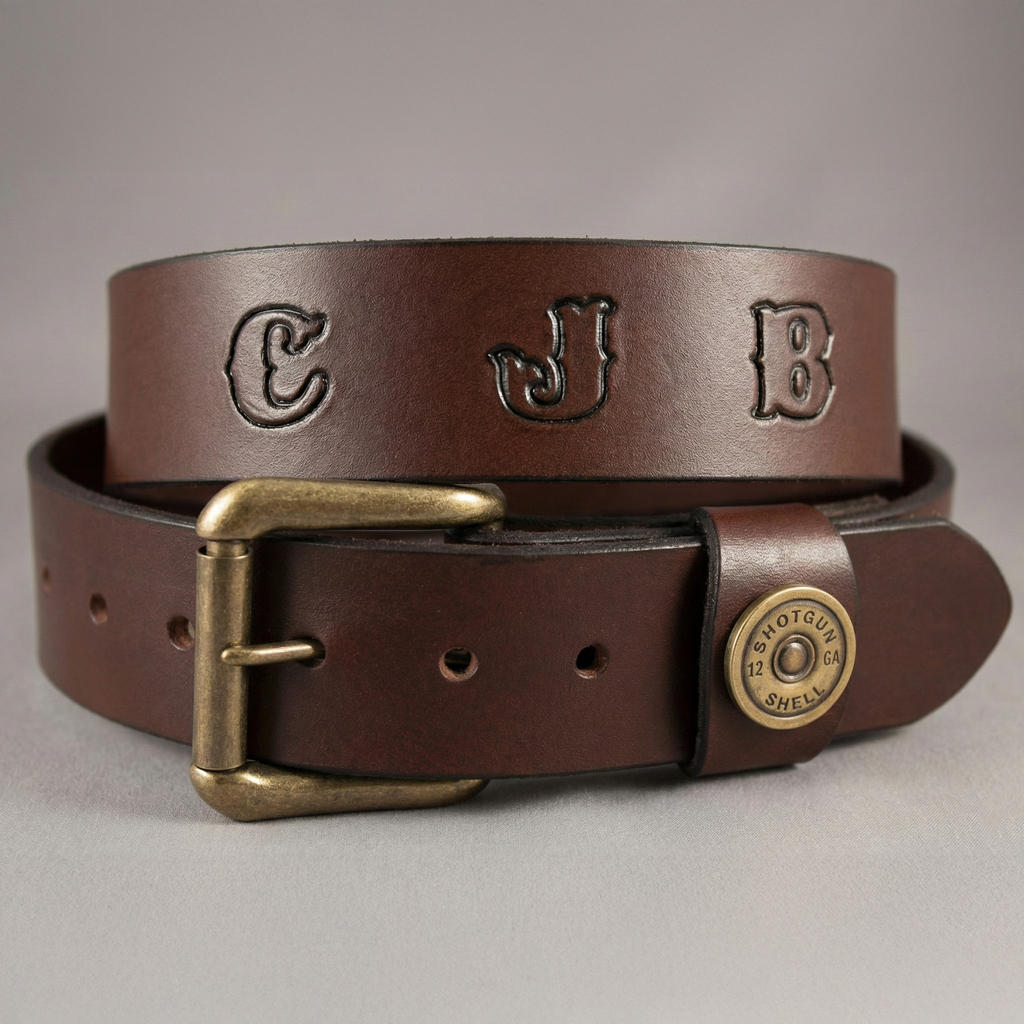 Leather Belt with Shotgun Shell Loop accent in Brown or Black (Solid Leather and no stitching)