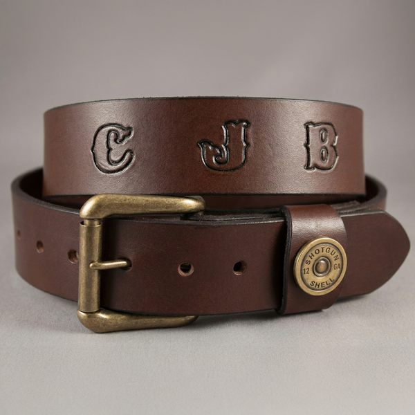Leather Belt with Shotgun Shell Loop accent in Brown or Black (Solid Leather and no stitching)