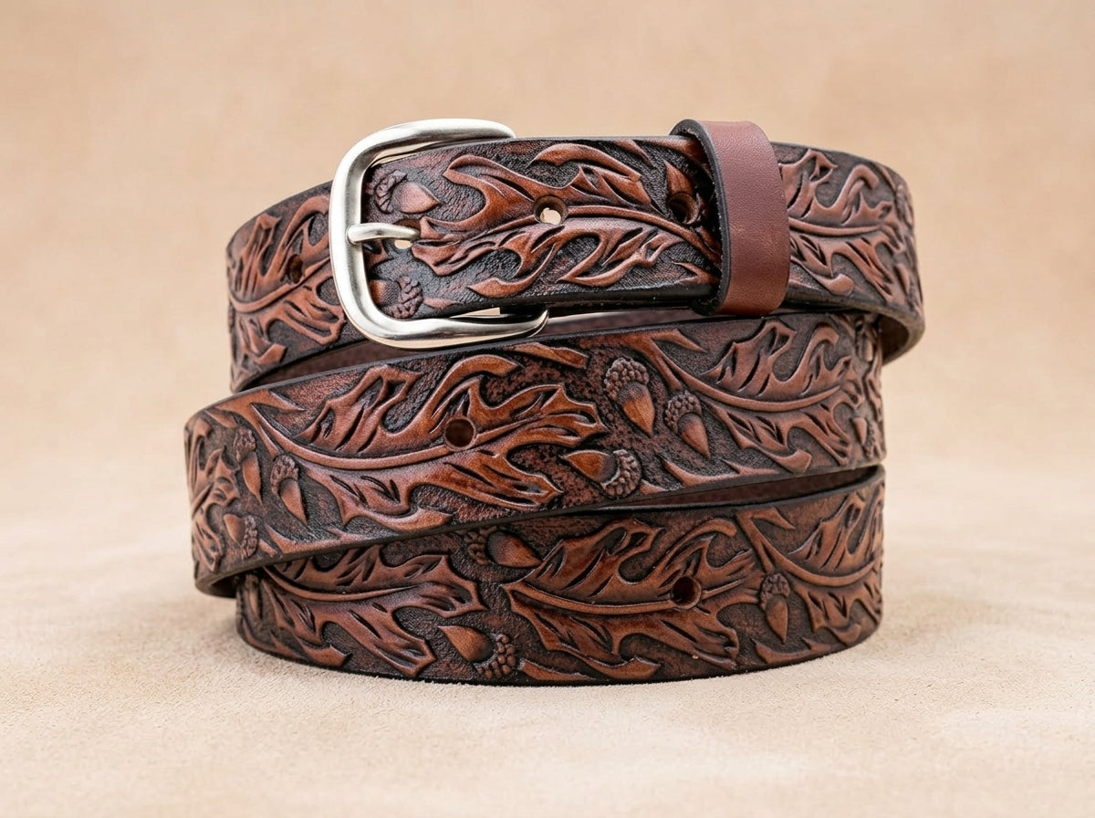 Custom Carved Leather Belt - Oak Leaf and Acorn Design