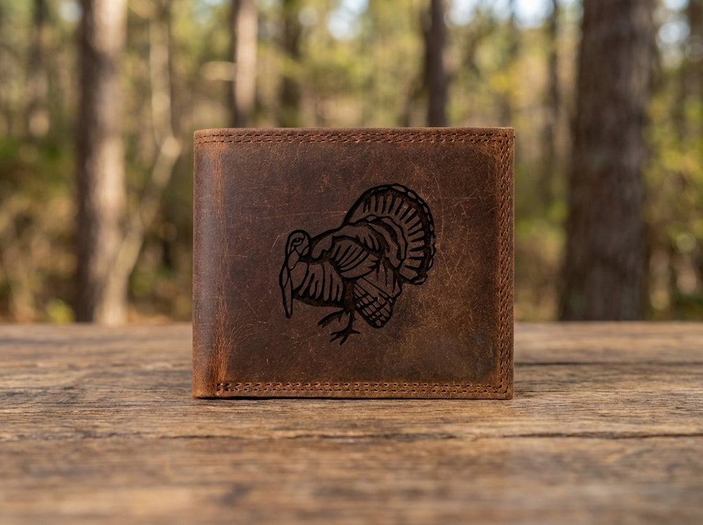 Leather Wallet with Turkey Design - Rustic Brown
