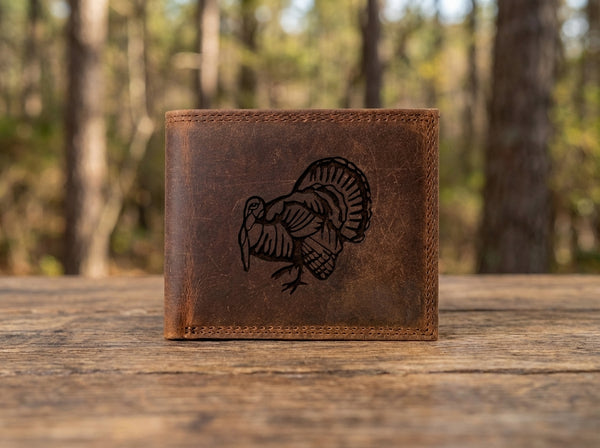 Leather Wallet with Turkey Design - Rustic Brown