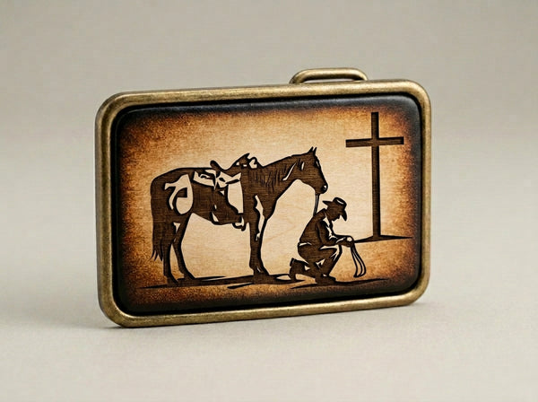 Christian Cowboy Praying Leather Inlay Western Belt Buckle