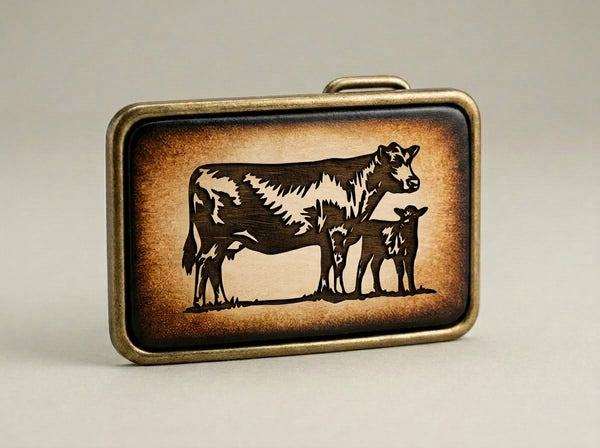 Cow and Calf Leather Inlay Western Belt Buckle