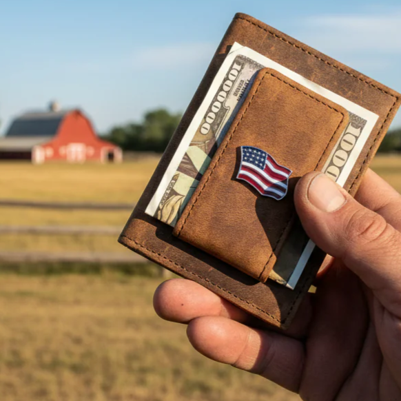 Leather Money Clip Wallet with USA Flag Concho - Brown