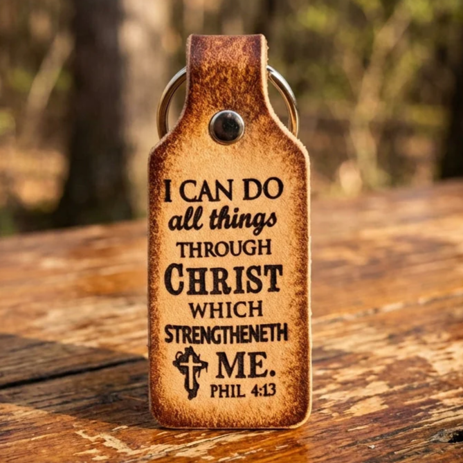 Hand Tooled Leather Keychain - Philippians 4:13 Christian Gift