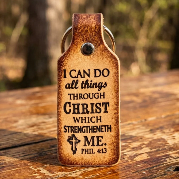 Hand Tooled Leather Keychain - Philippians 4:13 Christian Gift
