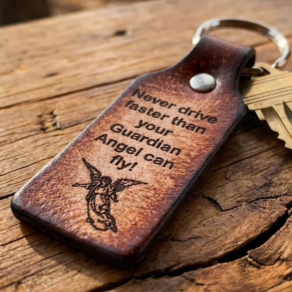 Leather Keychain - Tooled 'Guardian Angel' Design - Personalized Gift