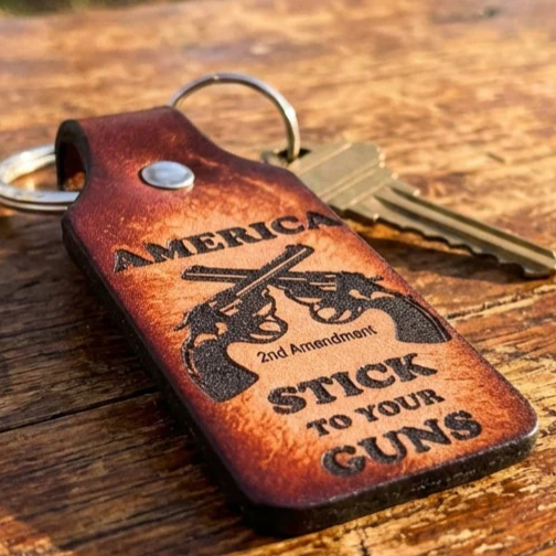 2nd Amendment Leather Keychain - American Made Crossed Pistols Design