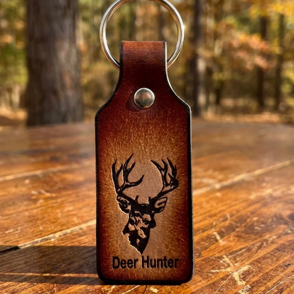 Handcrafted Tooled Leather Keychain with Deer Head - Personalized Gift